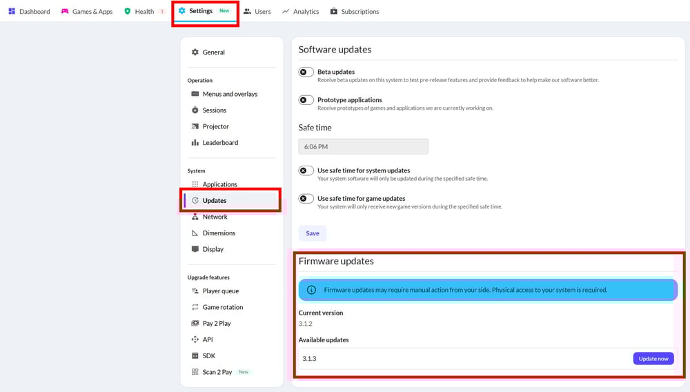 Screenshot showing where to find the new firmware update in the MultiBall Admin